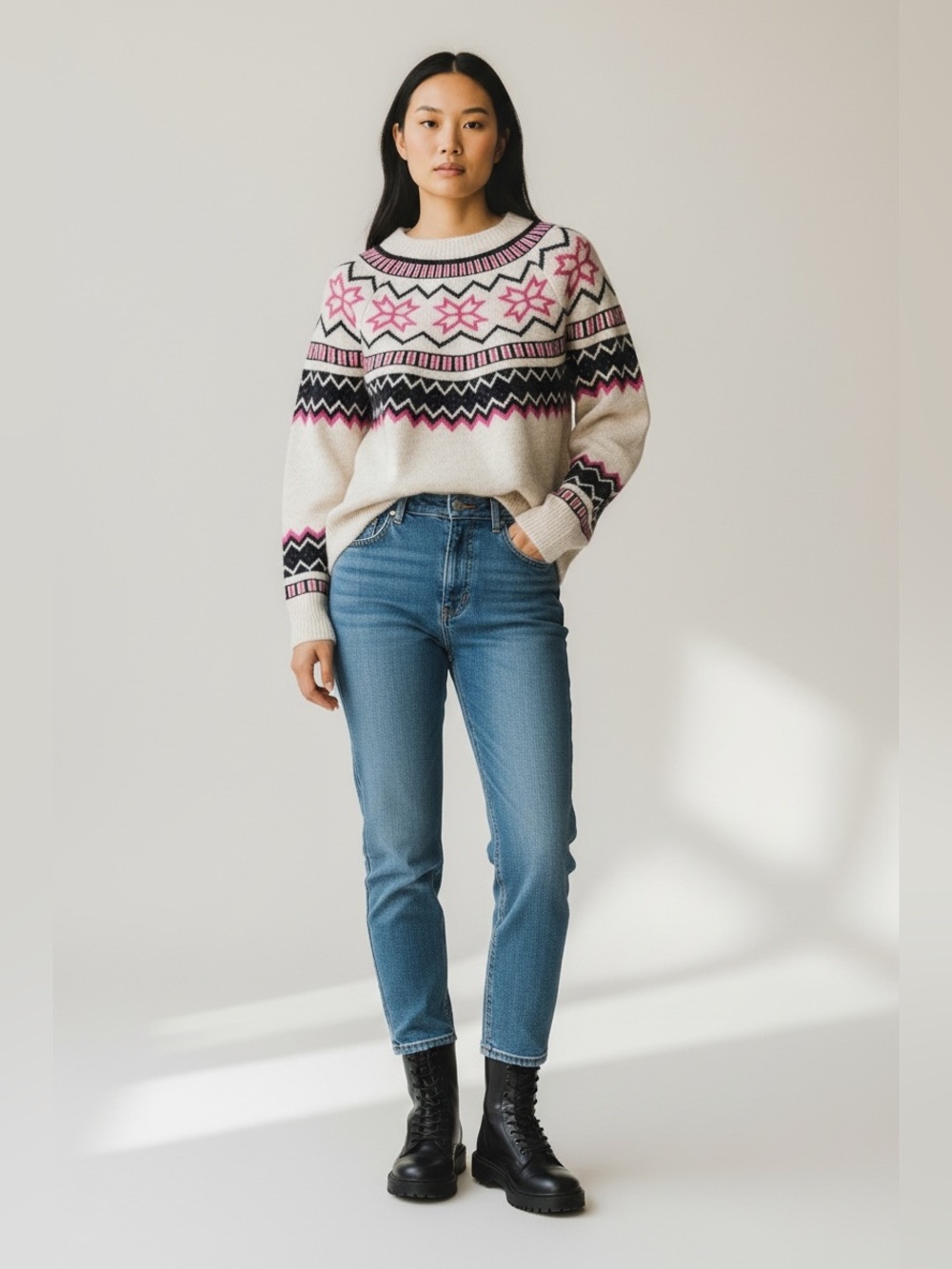CeCe Ivory Pink & Navy Fair Isle Geometric Snowflake Crewneck Sweater Large NWT